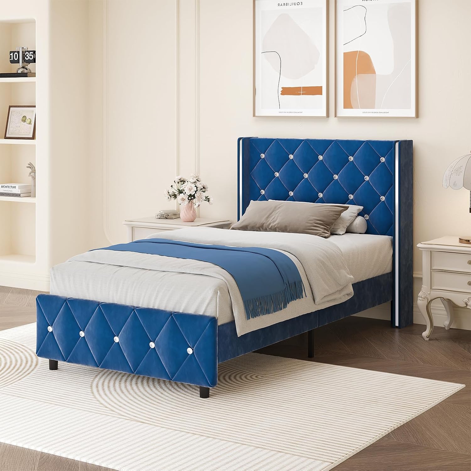 HOMBCK Twin Bed Frames, Upholstered Platform Bed with Diamond Tufted Headboard, Modern Velvet Bed Frame with Wingback Design, No Box Spring Needed, Easy Assembly, Blue