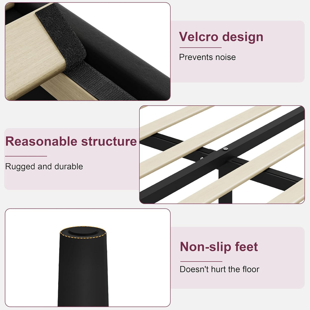 Queen Size Bed Frame with Headboard, Velvet Upholstered Platform Bed Frame, Sturdy Slatted Support for Springless Mattresses, Silent Operation, Easy to Assemble, Black