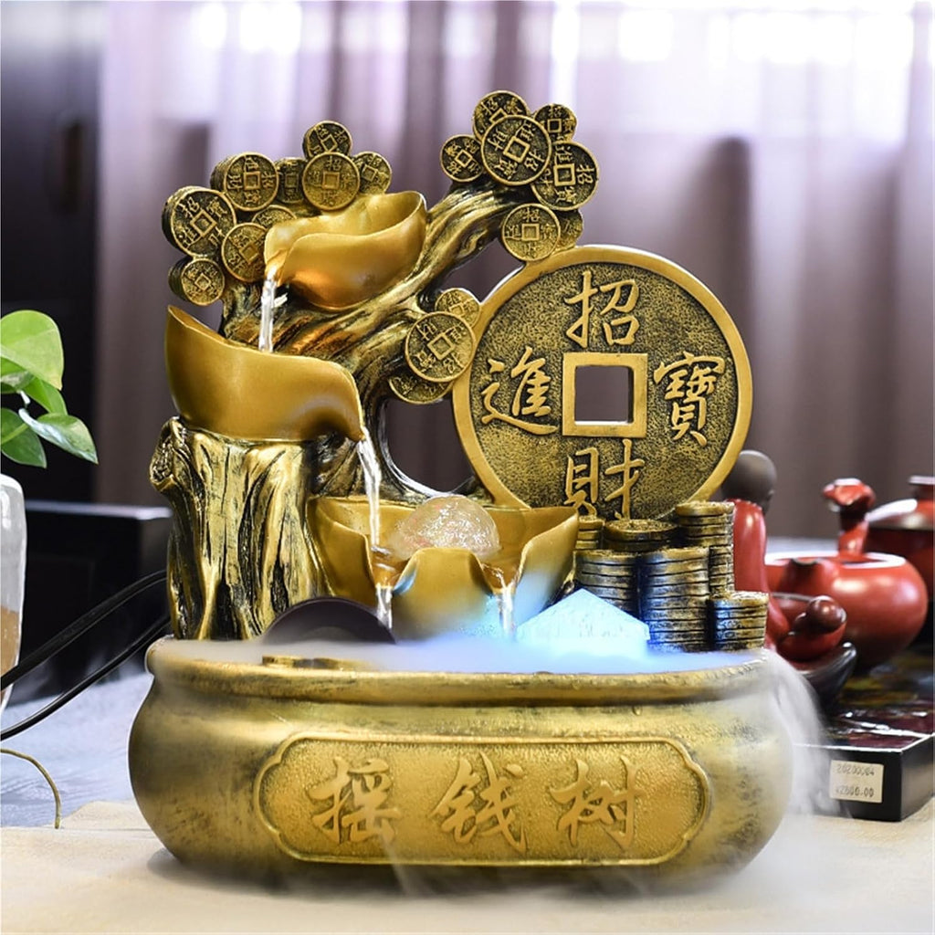 Feng Shui Tabletop Fountain Running Water Wealth Making Circulating Ornaments Opening Gifts Cornucopia Fortune Tree Crystal Ball Money Tree,Home Decor, Housewarming Gift(B(with Mist Maker))