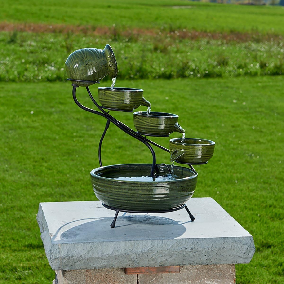 Smart Solar Glossy Ceramic 4-Tiered Cascade Solar-Powered Fountain with 10' Cable, Elegant Cascading Outdoor Solar Garden Fountain, Green