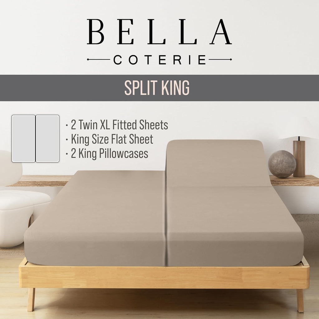 Bella Coterie Luxury Bamboo Viscose Split King Size Sheet Set | 2 Fitted Sheets for Sleep Number & Adjustable Beds | 100% Organically Grown | Cooling & Ultra Soft | 18' Deep Pocket [Dune]