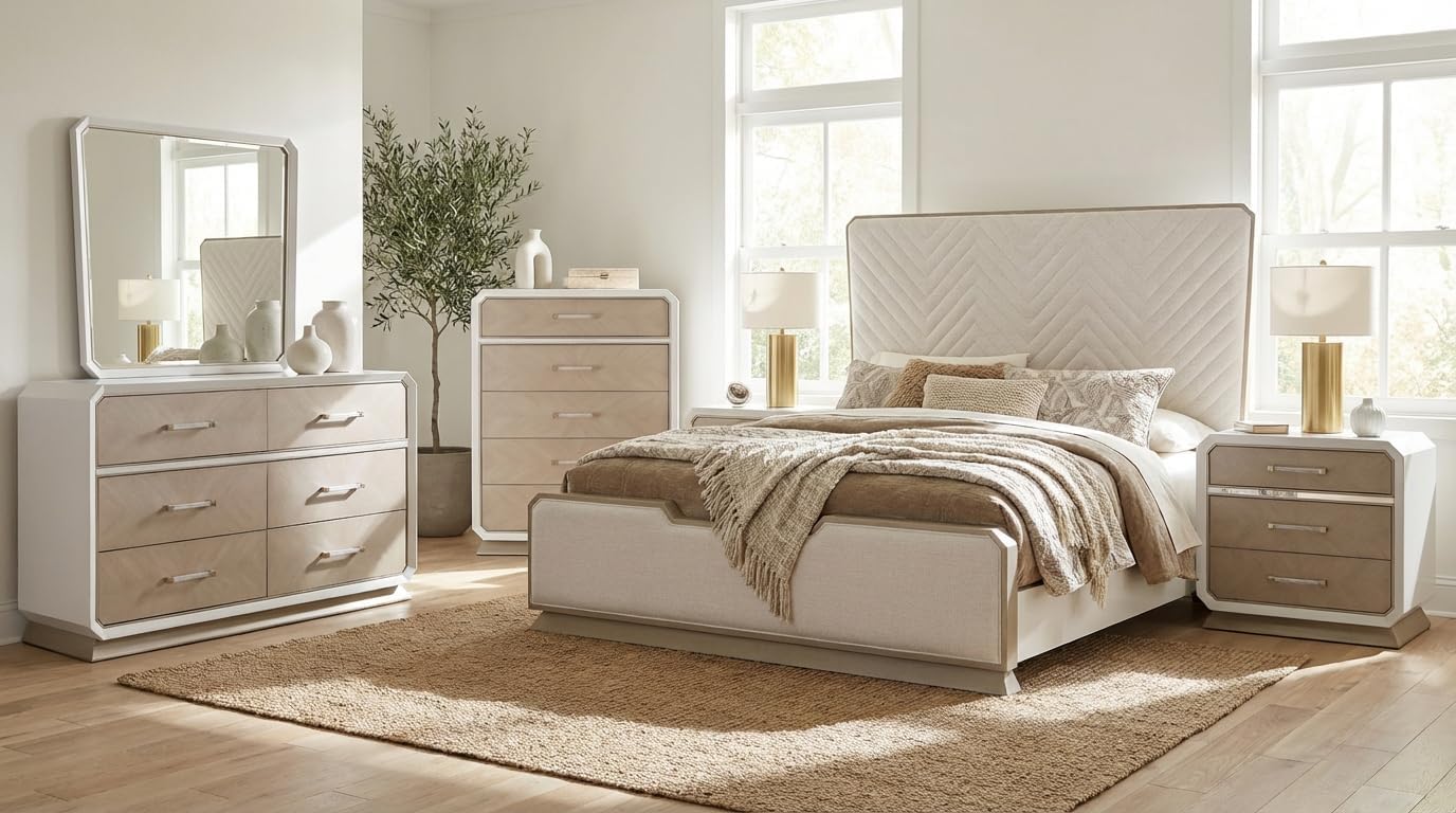 First of a Kind Dior Two Tone Luxury 5 Piece Queen Bedroom Set with Upholstered Tufted Headboard Modern Glam Design Coordinated Furniture Collection