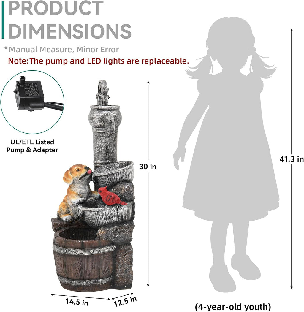 30' Puppy & Red Bird Outdoor Fountain, 3-Tier Pastoral Water Feature with LED Lights, Resin Two Bowls & Wooden Barrel Soothing Cascading Waterfall for Patio, Backyard, Garden