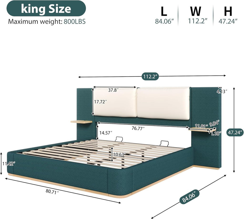 Merax King Size Bed Frame, Linen Upholstered Platform Bed with Large PU Leather Headboard and Shelf, Modern Bedroom Furniture & Solid Wood Slats Support, No Box Spring Needed, Easy Assembly, Green