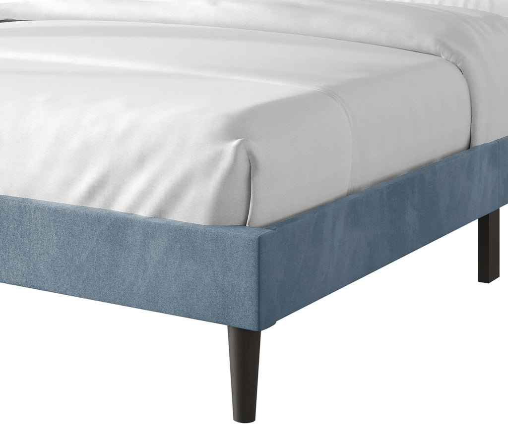 Queen Platform Bed Frame with Chevron-Stitched Wingback Headboard, Velvet Upholstery, No Box Spring Needed, Easy Assembly, Light Blue