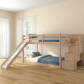 Grain & Grove Bear Twin Over Twin Bunk Bed with Slide and Staircase, Low Bunk Bed Frame for Kids, Bunk with Ladder, Guardrail, and Slats, No Box Spring Required, Oak Embossed Natural