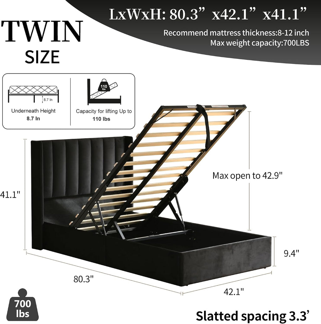 YUHUASHI Queen Size Hydraulic Storage Bed, Upholstered Platform Bed Frame, Modern Wingback Design Headboard, Velvet Fabric with Hydraulic Support Bars, No Box Spring Required (Black, Twin)