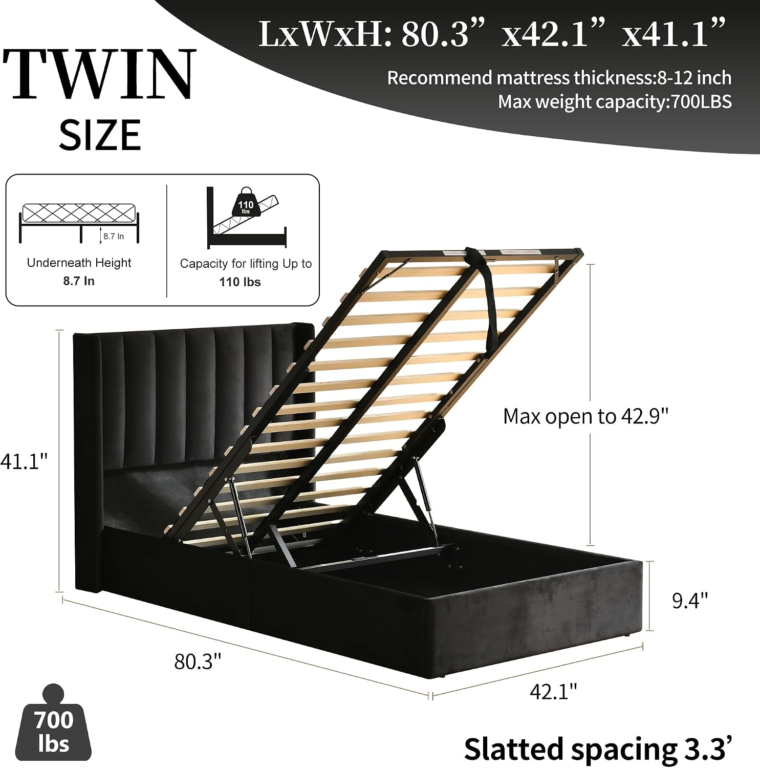 YUHUASHI Queen Size Hydraulic Storage Bed, Upholstered Platform Bed Frame, Modern Wingback Design Headboard, Velvet Fabric with Hydraulic Support Bars, No Box Spring Required (Black, Twin)