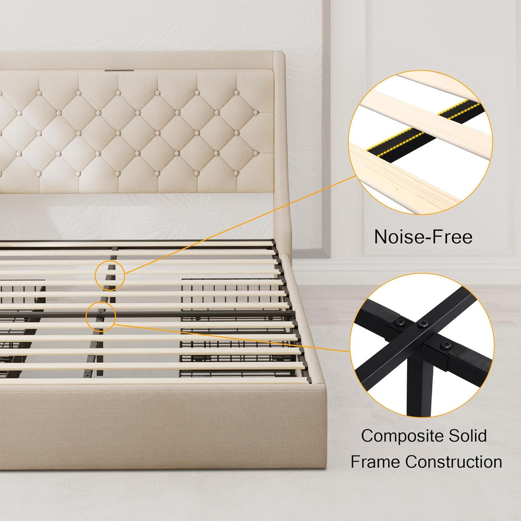 Einhomn Upholstered King Size Bed Frame with 4 Storage Drawers, Modern Platform Bed with Wingback Headboard, Charging Station, No Box Spring Needed, Beige