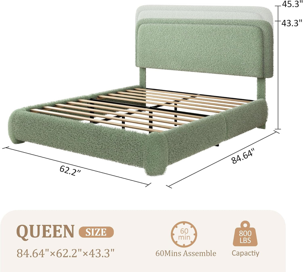 Queen Boucle Platform Bed Frame with Adjustable Headboard, Upholstered Cloud Queen Bed, Anti-Collision Soft Rounded Corners, No Box Spring Needed, Noise Free, Easy Assembly, Green