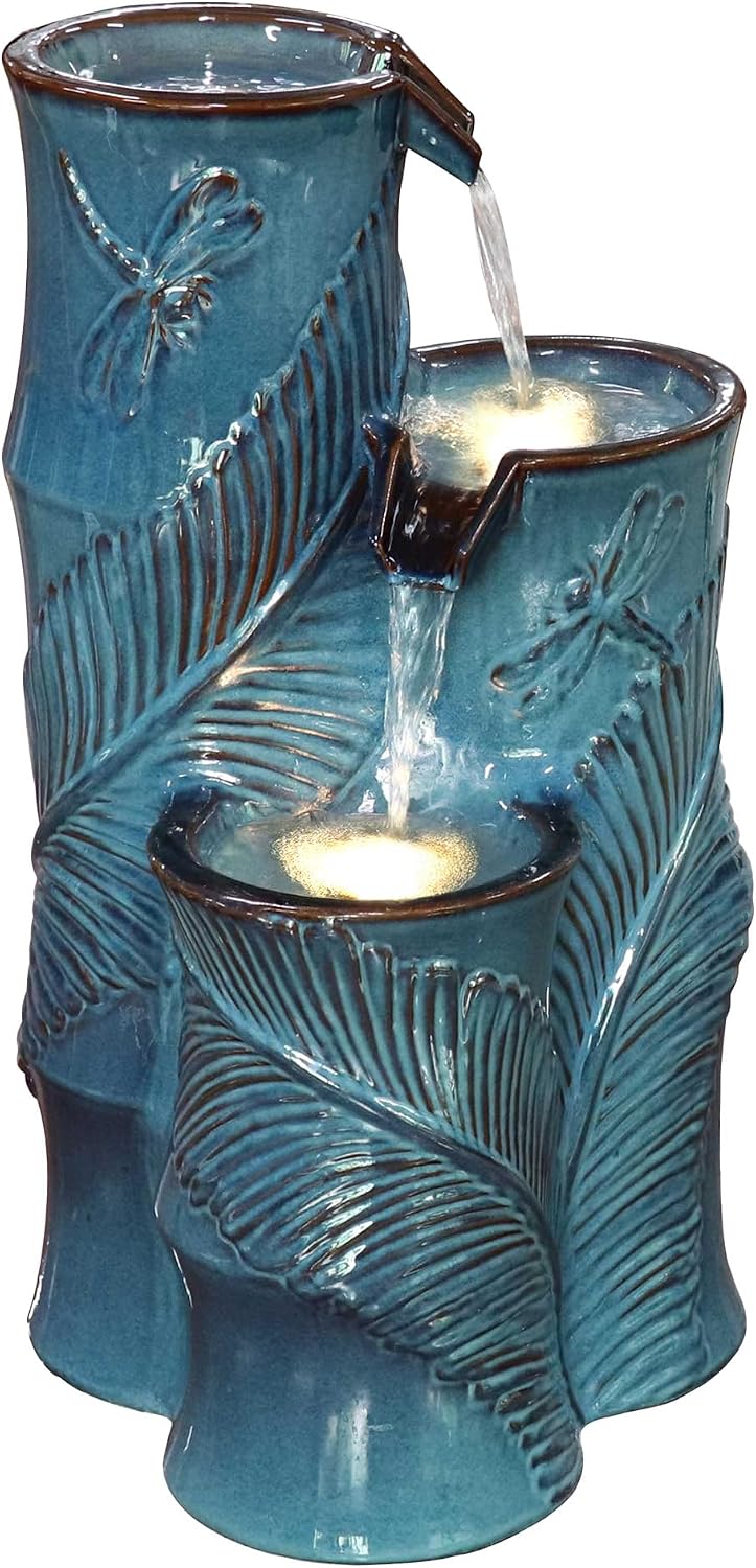 Ceramic Outdoor Water Fountain with LED Lights, 25.5' H 3-Tier Bamboo-Style Water Feature with Tropical Leaf & Dragonfly Texture, Soothing Cascading Waterfall for Garden Patio Yard Oasis