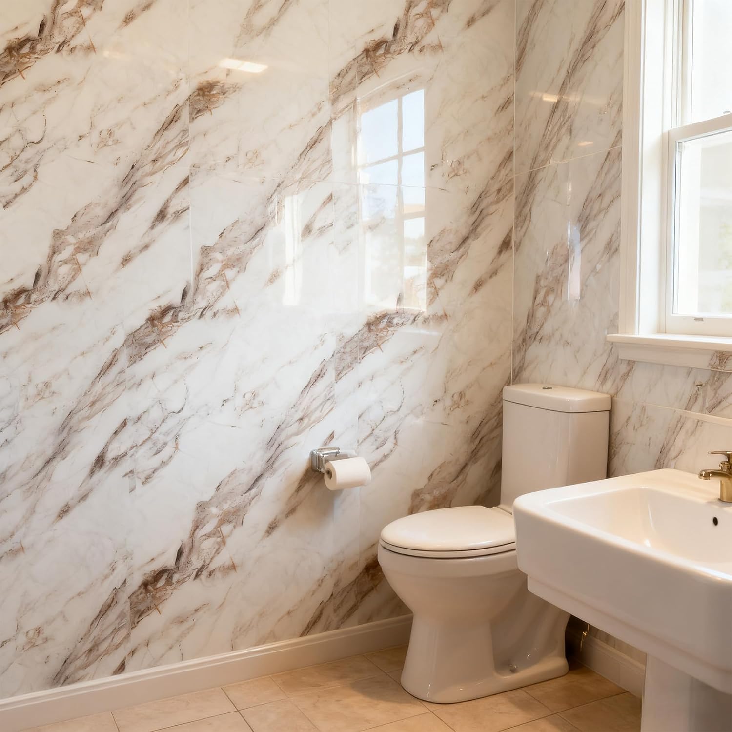 Brown Carrara Marble Peel and Stick Wallpaper, Glossy Texture Vinyl Wall Panels, Waterproof Renter Friendly, 23.6' x 394', TV Accent Wall, Bathroom, Foyer, Coffee Shop Decor
