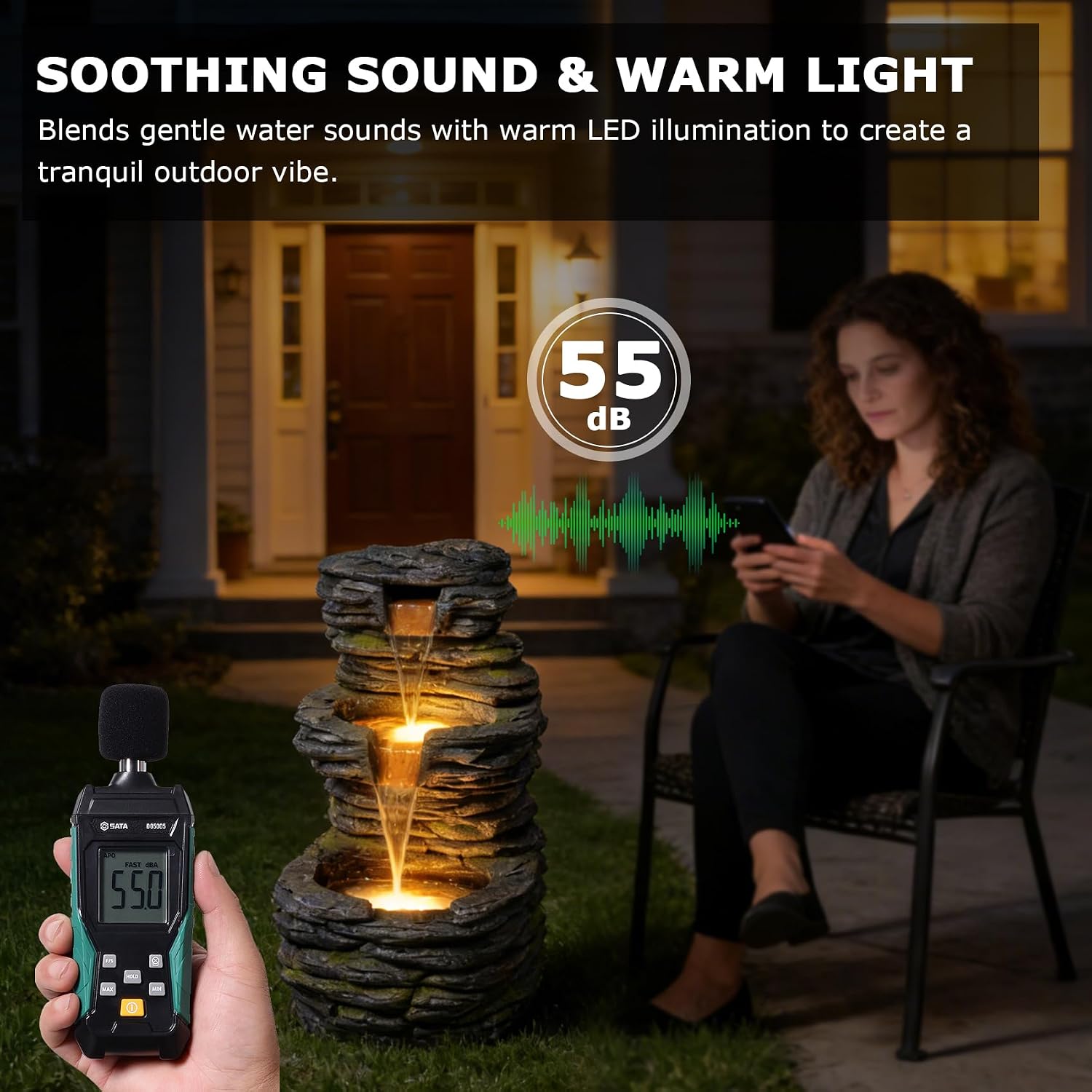 28.8' Tall Rock Water Fountain Outdoor Garden, 3-Tiers Cascading Rock Natural Waterfall Fountains with LED Lights, Indoor Resin Water Feature Fountain for Patio, Backyard, Deck, Porch
