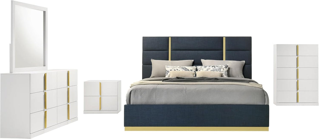 Coaster Home Furnishings - INES - Wood - 5-Piece Bedroom Set with Upholstered Bed and Flat Drawer Fronts - Bedroom - Queen Size - White High Gloss and Navy - 223091NVYQ-S5