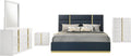 Coaster Home Furnishings - INES - Wood - 5-Piece Bedroom Set with Upholstered Bed and Flat Drawer Fronts - Bedroom - Queen Size - White High Gloss and Navy - 223091NVYQ-S5