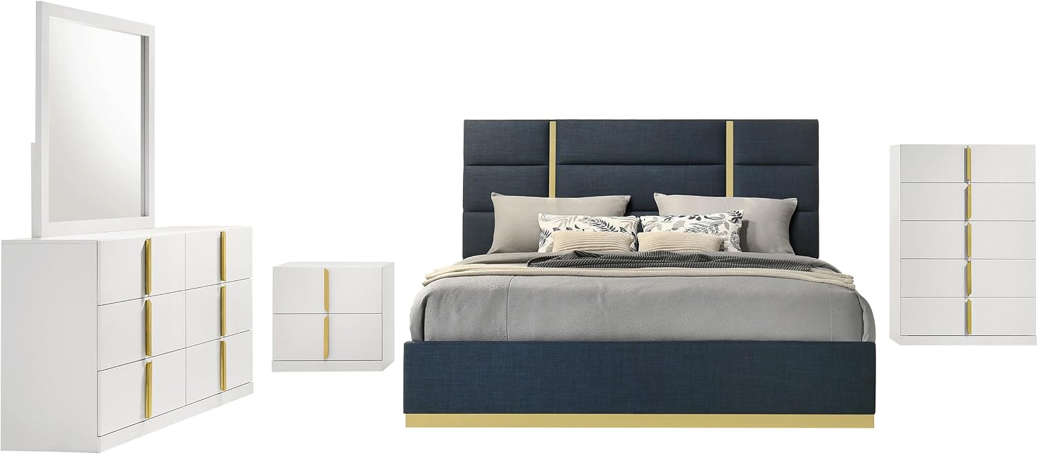 Coaster Home Furnishings - INES - Wood - 5-Piece Bedroom Set with Upholstered Bed and Flat Drawer Fronts - Bedroom - Queen Size - White High Gloss and Navy - 223091NVYQ-S5