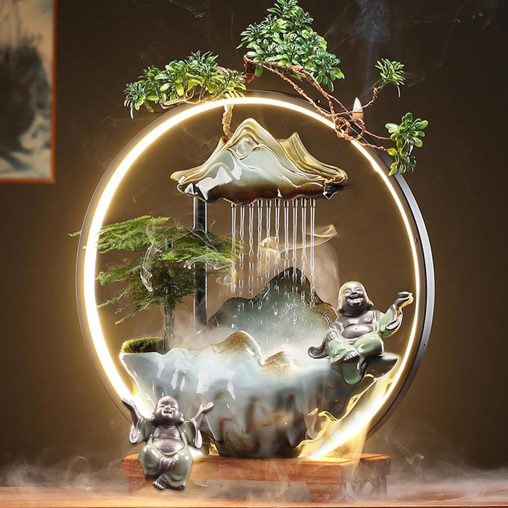 Tabletop Buddha Fountains Indoor Buddha Tabletop Water Fountains with Waterfall Lights Mist Backflow Incense Holder Meditation Indoor Zen Fountain for Home Office Room Decor (2 Buddha Statues)