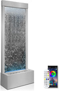 LONGRUN 48' Mirror Waterfall | Indoor Water Fountain with 7-Color LED Lights | Stainless Steel Self-Contained Waterfall Fountain for Home Decor | Large Indoor Water Feature Kit Mirrored Silver