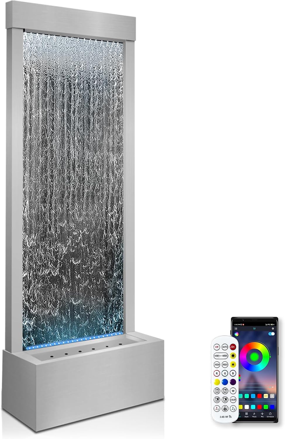 LONGRUN 48' Mirror Waterfall | Indoor Water Fountain with 7-Color LED Lights | Stainless Steel Self-Contained Waterfall Fountain for Home Decor | Large Indoor Water Feature Kit Mirrored Silver