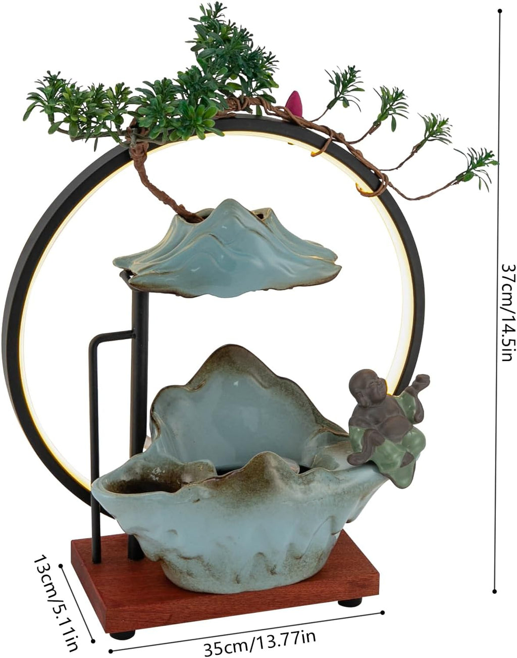 Indoor Tabletop Water Fountain - Round LED Light, Table Fish Tank, Mist Maker, Backflow Incense Burner, Indoor Zen Relaxation for Home Office Bedroom Living Room Decor