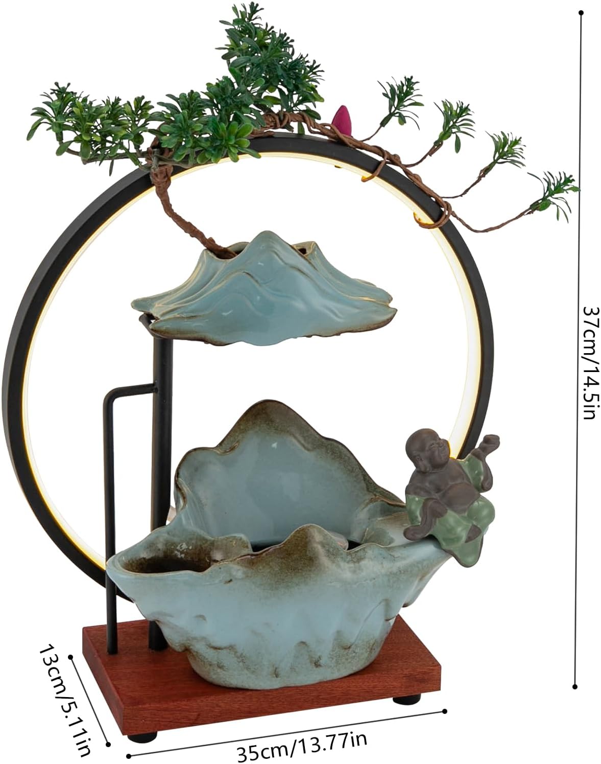 Indoor Tabletop Water Fountain - Round LED Light, Table Fish Tank, Mist Maker, Backflow Incense Burner, Indoor Zen Relaxation for Home Office Bedroom Living Room Decor