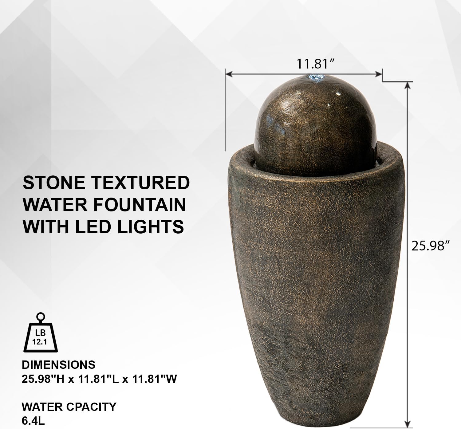 XBrand 25.98' Modern Sphere Water Fountain with LED Light – Indoor Outdoor Stone Texture Floor Fountain, Zen Bubbling Ball Water Feature for Garden Patio Porch - Bronze