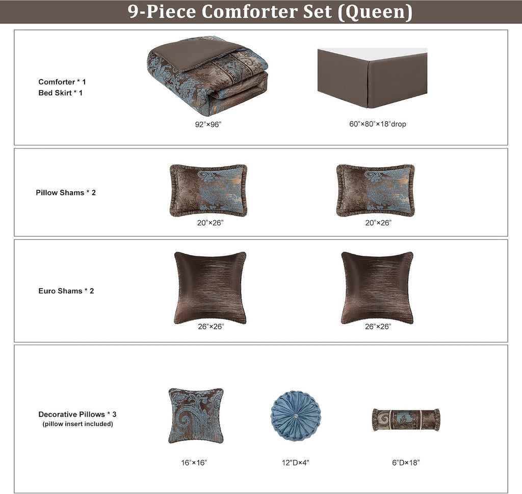 Loom and Mill 9-Piece Queen Comforter Set, Vintage Paisley Jacquard Comforter Sets Queen Size, All Season Soft Bedding Sets with Euro Shams, Bedskirt, Filled Decorative Pillow(Dark Brown+Blue, Queen)