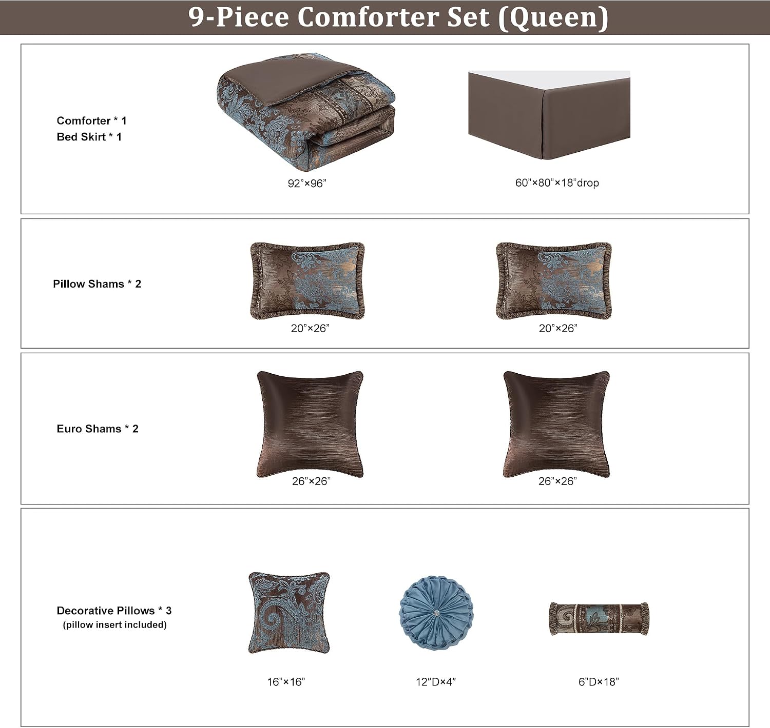 Loom and Mill 9-Piece Queen Comforter Set, Vintage Paisley Jacquard Comforter Sets Queen Size, All Season Soft Bedding Sets with Euro Shams, Bedskirt, Filled Decorative Pillow(Dark Brown+Blue, Queen)