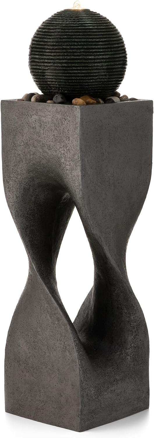 Glitzhome Outdoor Water Fountain, Outdoor Fountain with Lights, 36.5' H Modern Geometric Pedestal and Sphere Polyresin Outdoor Floor Standing Fountain with Pebbles, Pump for Garden, Patio, Backyard