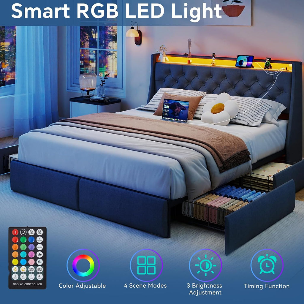 SADENICEL King Size Bed Frame with Storage Headboard, Metal Platform Bed Frame King with 4 Drawer, LED Light, Charging Station, No Box Spring Needed, Noise Free, Easy Assembly, Grey