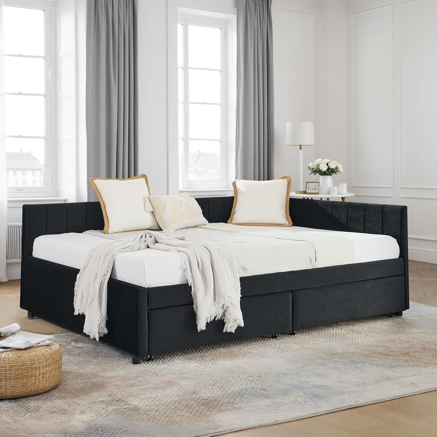 Daybed with Storage Drawers,Full Size Daybed with Stripes,Velvet L-Shaped Corner Bed Frame,Wood Day Bed Frame,Upholstered Sofa Bed for Living Room/Bedroom/Guest Room,No Box Spring Needed,Black