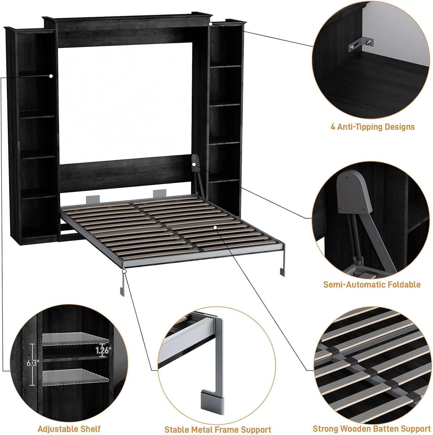 Rophefx Queen Murphy Bed Cabinet with 5-Tier Adjustable Storage Shelves, Wood Queen Wall Bed Cabinet Bed Frame, Space Saving Beds, Hidden Bedframe, Foldable Platform Beds for Guest Room, Black Gray