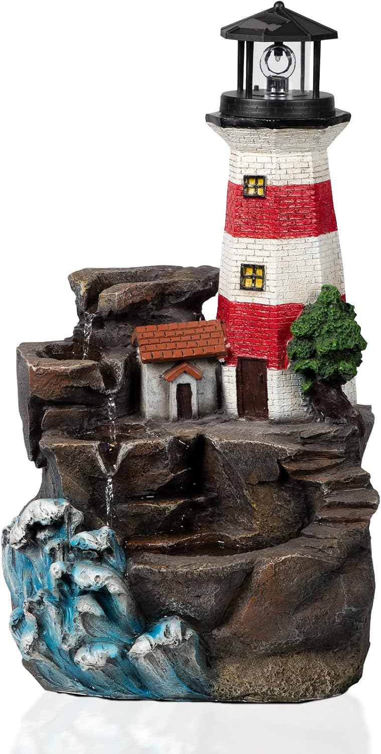 Ferrisland Lighthouse Big Waterfall Fountain Outdoor, Freestanding Relaxing Water Fountain, Garden Backyard Decking Home Nautical Art Decor, Gift Ideas(Red & White, 23' H)