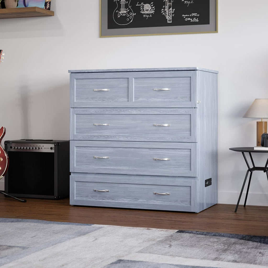 AFI, Northfield Murphy Bed Chest Twin XL with 6' Mattress, Storage Drawer & Built-in USB Charger, Driftwood