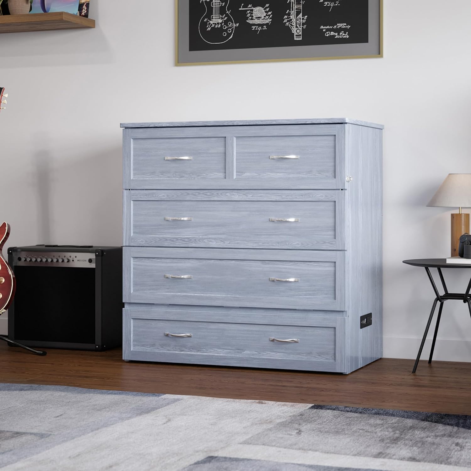 AFI, Northfield Murphy Bed Chest Twin XL with 6' Mattress, Storage Drawer & Built-in USB Charger, Driftwood
