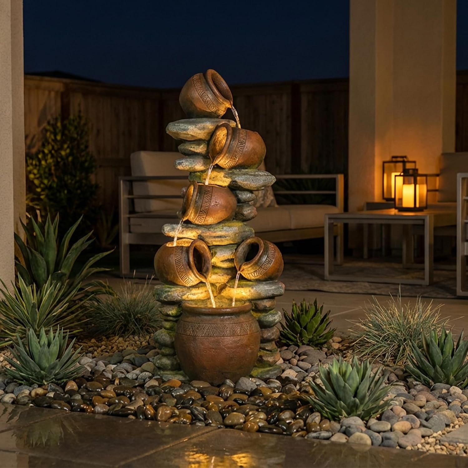 60' H Large Outdoor Water Fountain, 5-Tier Cascading Waterfall Fountain Feature with LED Lights, Rustic Crock Garden Water Feature for Patio, Backyard, Porch, Indoor & Outdoor Décor