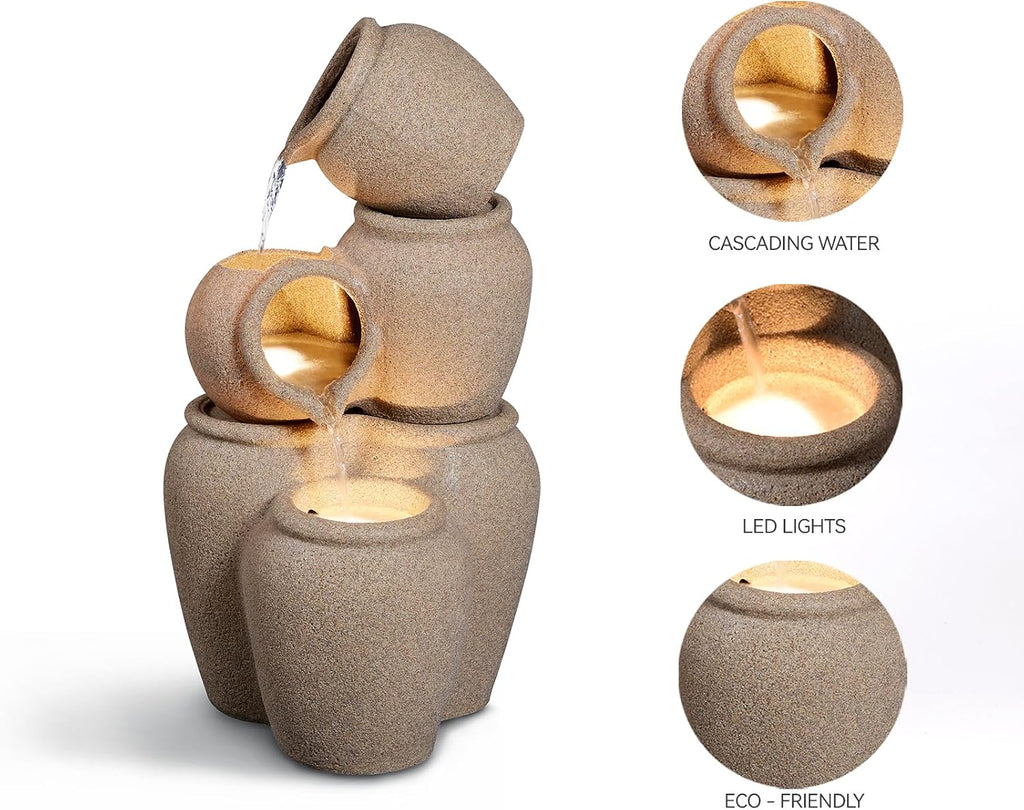 29.53' H 3-Tiers Cascading Jars Outdoor Water Fountain Made with Eco-Friendly Recyclable Materials, Polyethylene Waterfall Fountain, Outdoor Decor with LED Lights for Patio, Backyard