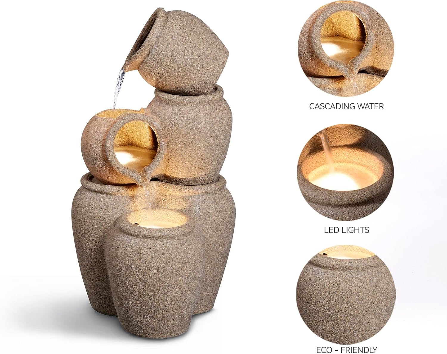 29.53' H 3-Tiers Cascading Jars Outdoor Water Fountain Made with Eco-Friendly Recyclable Materials, Polyethylene Waterfall Fountain, Outdoor Decor with LED Lights for Patio, Backyard
