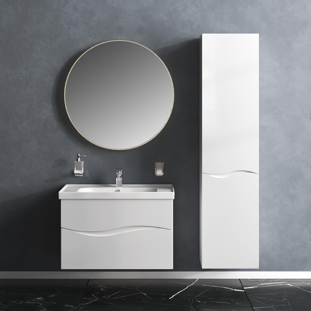 Modern Wall-Mounted Bathroom Vanity with Washbasin | Wave White High Gloss Mirror | Non-Toxic Fire-Resistant MDF-26-Omega Mirror R-line 24'