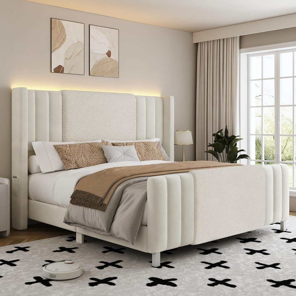 Lihimte Queen Size Bed Frame with Tall Headboard and Footboard, Boucle and Velvet Upholstered Bed Frame Queen with LED Lights, Modern Platform Bed Frames, Noiseless, Easy Assembly, White
