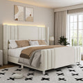 Lihimte Queen Size Bed Frame with Tall Headboard and Footboard, Boucle and Velvet Upholstered Bed Frame Queen with LED Lights, Modern Platform Bed Frames, Noiseless, Easy Assembly, White