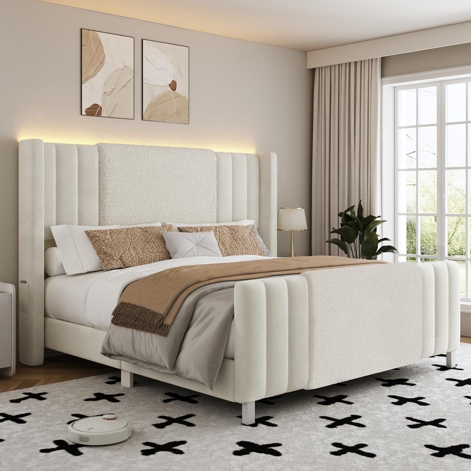 Lihimte Queen Size Bed Frame with Tall Headboard and Footboard, Boucle and Velvet Upholstered Bed Frame Queen with LED Lights, Modern Platform Bed Frames, Noiseless, Easy Assembly, White