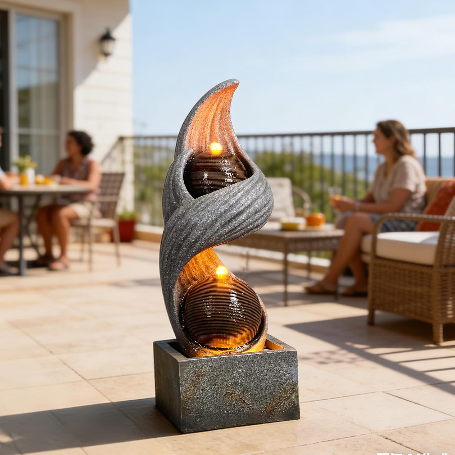 42.9'H Large Water Fountains Outdoor,Modern Spiral Water Fountain Outdoor with Dual Spheres Zen Water Feature Floor Fountain with Light LED Waterfall for Outside Deck, Patio, Porch, Garden, Yard Decor