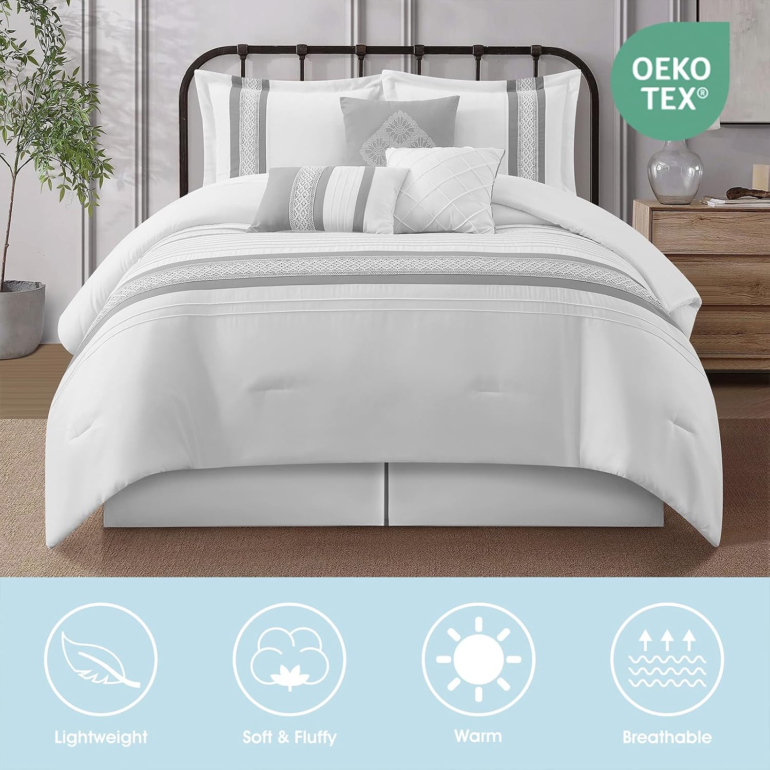 LANCO MODERN LIFESTYLE 7 Piece Comforter Set, Grey White, Queen Size, Boho Style Geometric Microfiber Embroidery, Bed in a Bag with Bedskirt, Pillow Shams and Decor Pillows