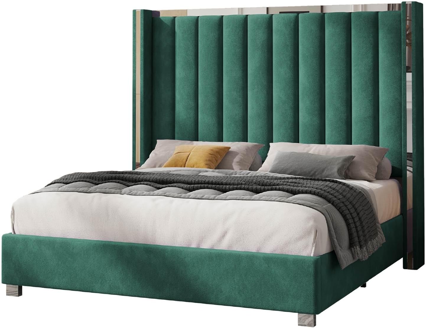 Jocisland Bed Frame with 58' Tall Headboard, Platform Velvet Upholstered Bed with Channel Tufted Wingback Headboard and Plating Trim, No Box Spring Needed, Green, Queen