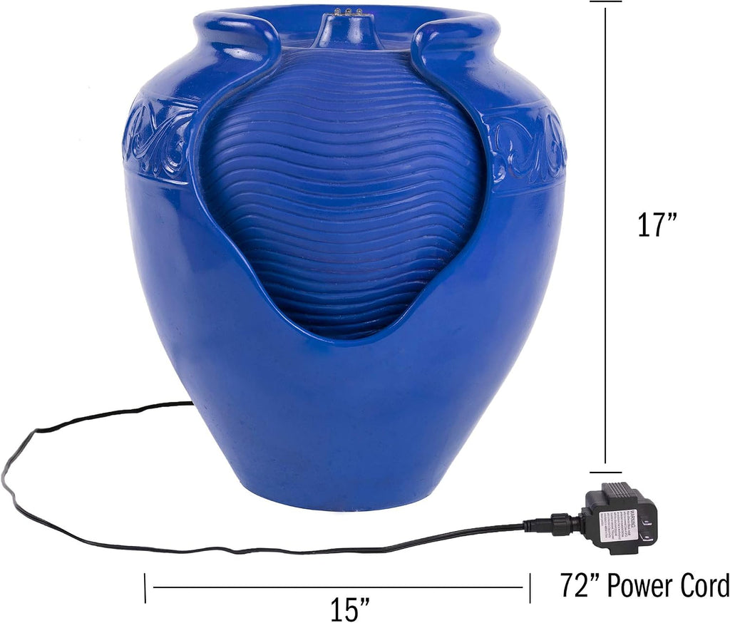 Jar Water Fountain – Indoor or Outdoor Ceramic-Look Glazed Pot Resin Water Feature with Electric Pump and LED Lights by Pure Garden (Cobalt Blue)