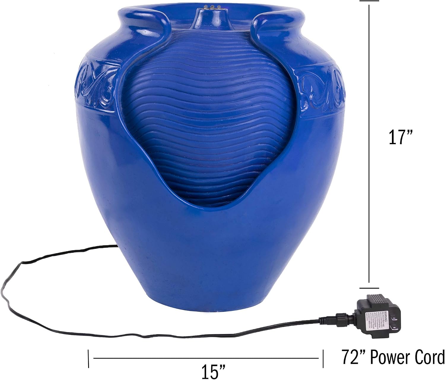 Jar Water Fountain – Indoor or Outdoor Ceramic-Look Glazed Pot Resin Water Feature with Electric Pump and LED Lights by Pure Garden (Cobalt Blue)