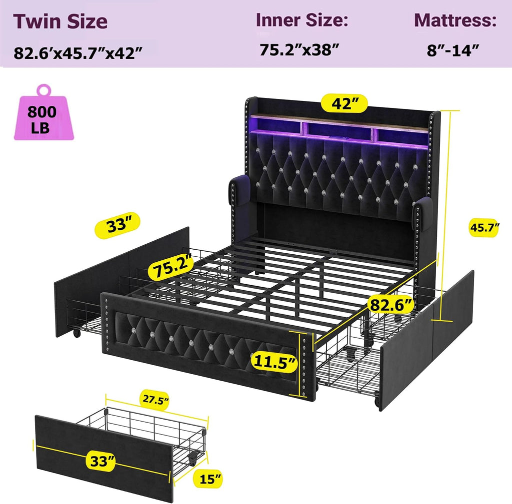 Ailisite Twin Size Bed Frame with 4 Storage Drawers and RGB Led Lights,Velvet Upholstered Platform Bed with Charging Station and Bookcase Storage Headboard, with Crystal and Rivet Deco, Black