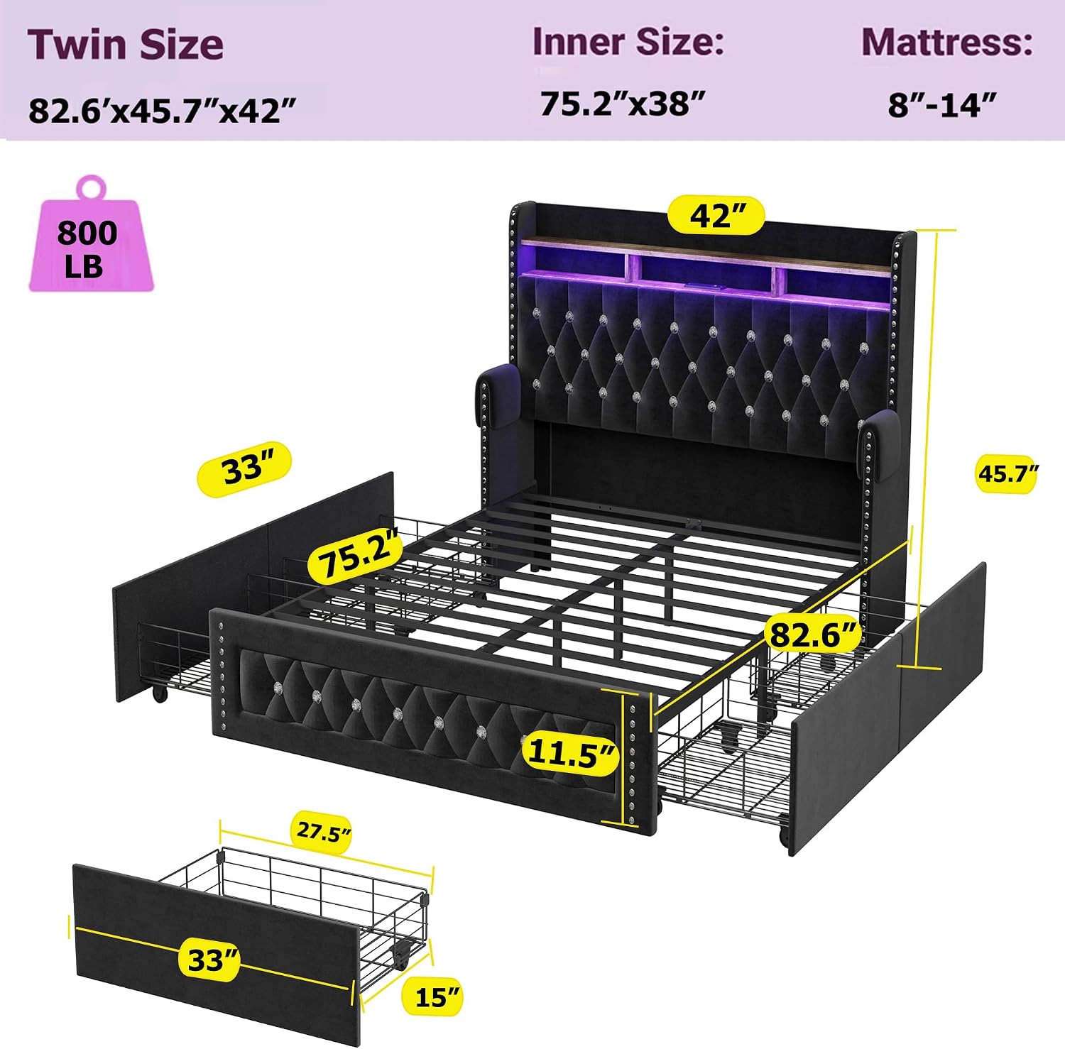 Ailisite Twin Size Bed Frame with 4 Storage Drawers and RGB Led Lights,Velvet Upholstered Platform Bed with Charging Station and Bookcase Storage Headboard, with Crystal and Rivet Deco, Black