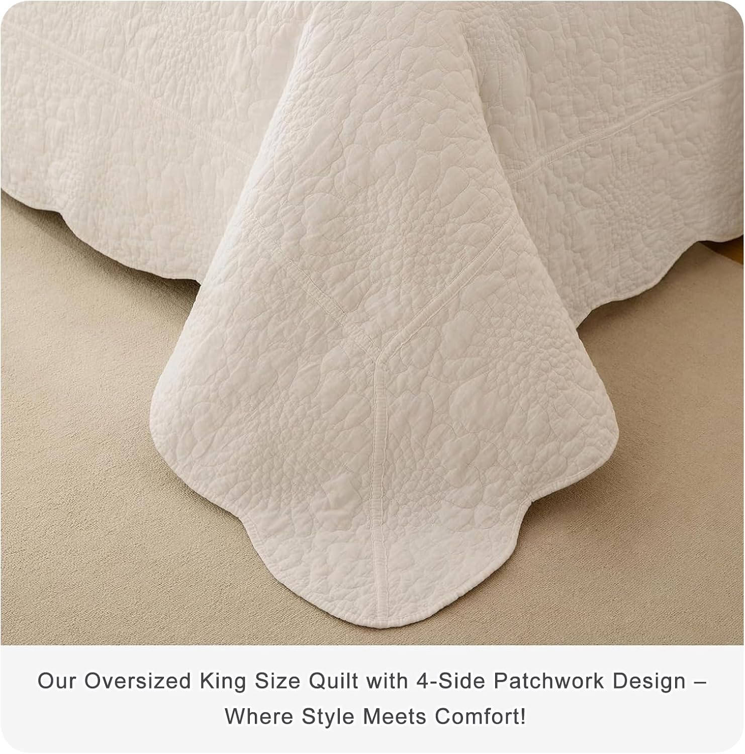QSH 3PCs Milk White Oversized King Quilt (120'x120'),Stonewashed Cotton Bedspread California King,Ultra Soft Lightweight Crinkled Wave Pattern Bedspread Coverlet Rustic Bedding Set for All Seasons
